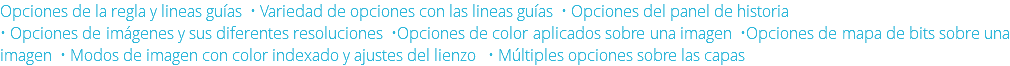 Opciones de la regla y lineas guías • Variedad de opciones con las lineas guías • Opciones del panel de historia • Opciones de imágenes y sus diferentes resoluciones •Opciones de color aplicados sobre una imagen •Opciones de mapa de bits sobre una imagen • Modos de imagen con color indexado y ajustes del lienzo • Múltiples opciones sobre las capas 