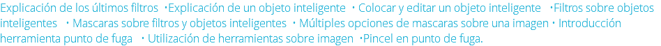 Explicación de los últimos filtros •Explicación de un objeto inteligente • Colocar y editar un objeto inteligente •Filtros sobre objetos inteligentes • Mascaras sobre filtros y objetos inteligentes • Múltiples opciones de mascaras sobre una imagen • Introducción herramienta punto de fuga • Utilización de herramientas sobre imagen •Pincel en punto de fuga.